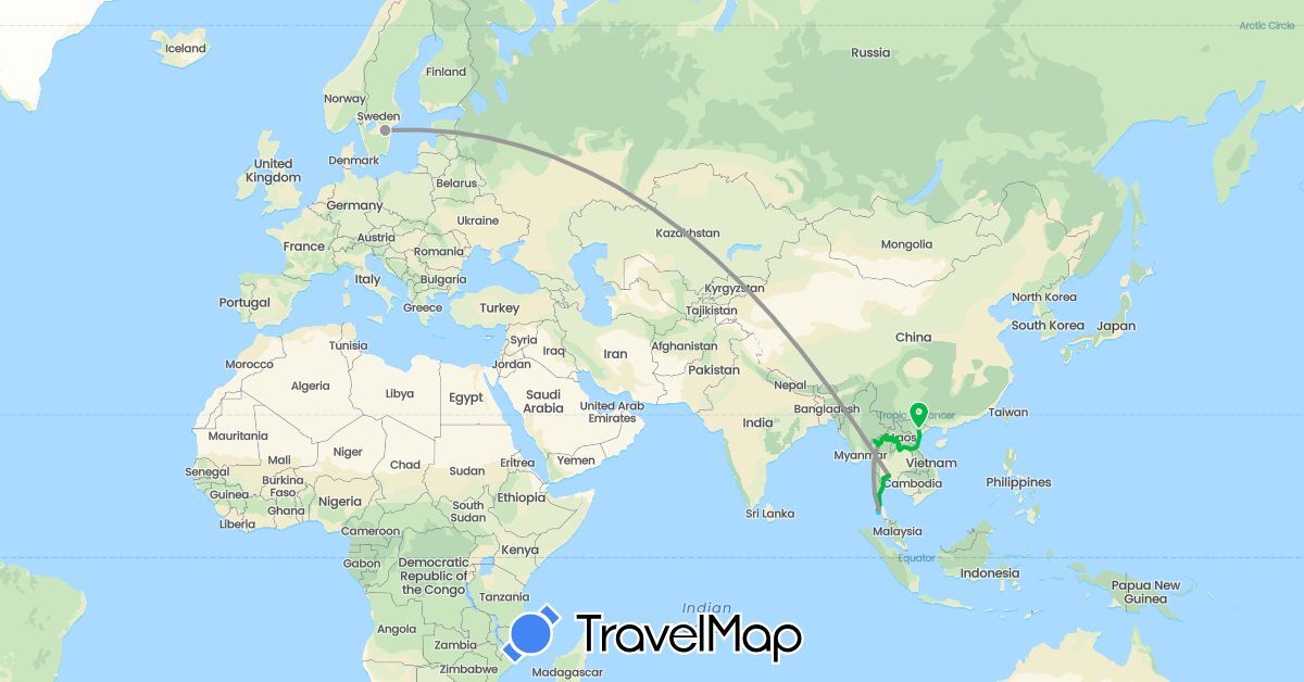 TravelMap itinerary: driving, bus, plane, boat in Laos, Sweden, Thailand, Vietnam (Asia, Europe)